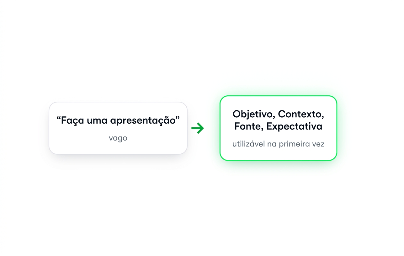 Um prompt vago, "Make me a deck", ao lado do mesmo pedido escrito com Goal, Context, Source e Expectation, que funciona de primeira