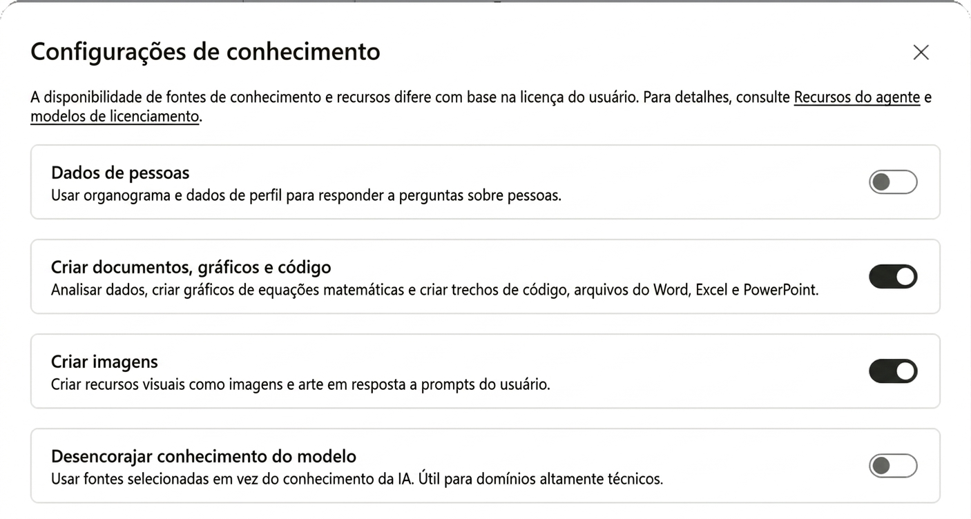 A janela Configurações de conhecimento com Criar documentos, gráficos e código e Criar imagens ambos ligados