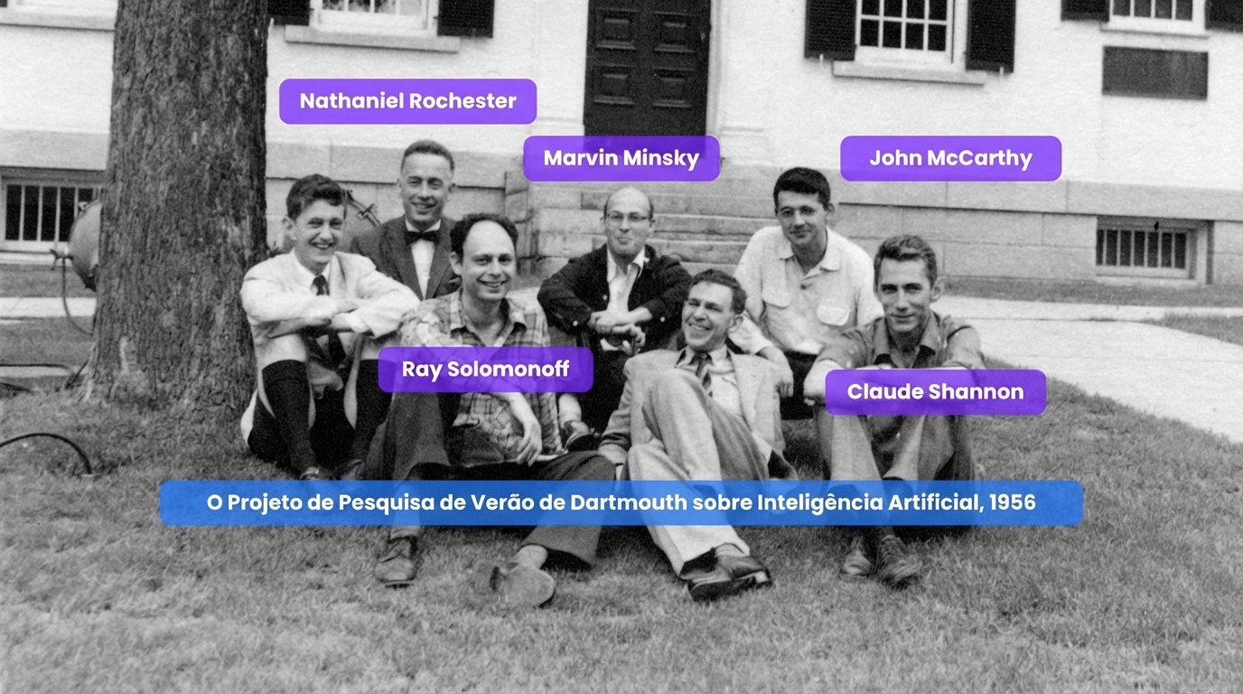 Imagem em estilo de foto histórica da conferência de Dartmouth de 1956 com pesquisadores
