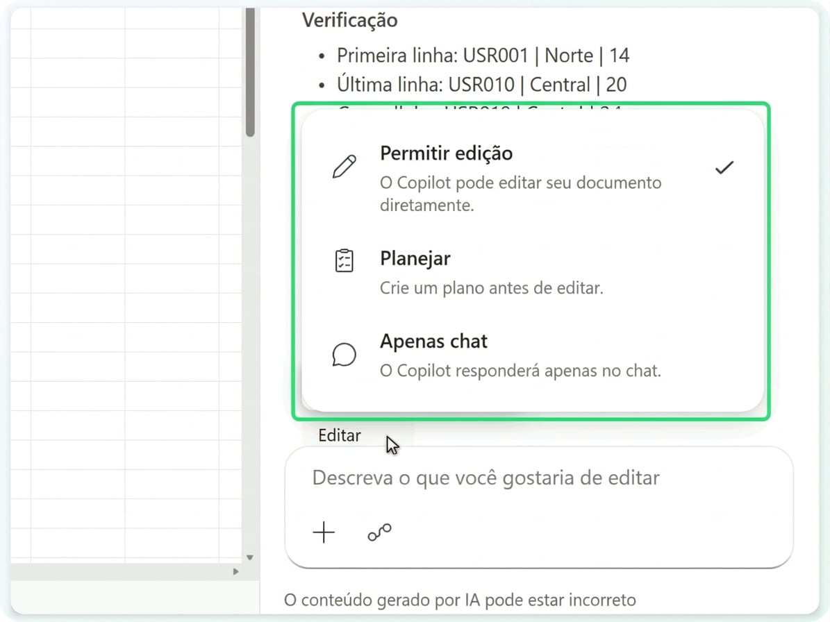 O menu de modos do Copilot - Permitir edição, Planejar, Apenas chat