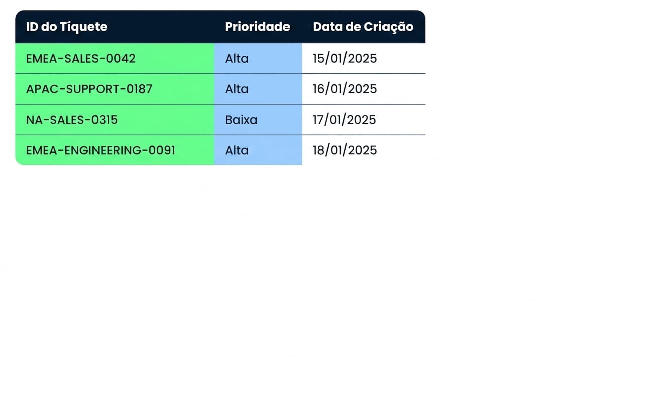 A tabela Tickets, com a coluna compactada Ticket ID e a coluna Priority com maiúsculas e minúsculas marcadas