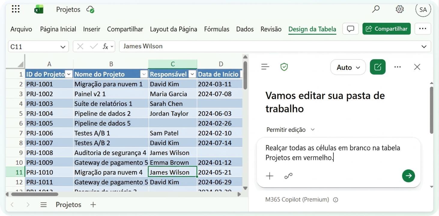 A tabela Projects com a regra de brancos digitada no painel do Copilot