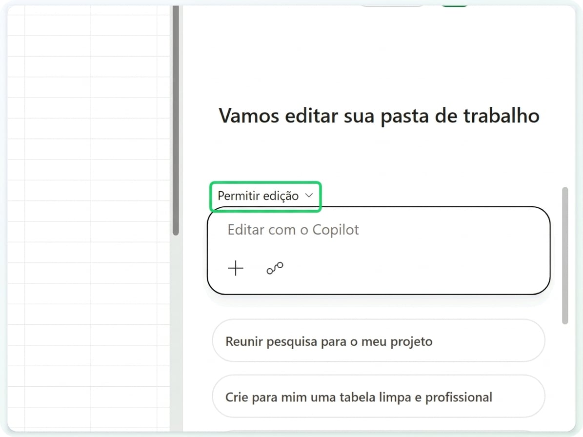 O painel do Copilot, com o controle do modo Permitir edição