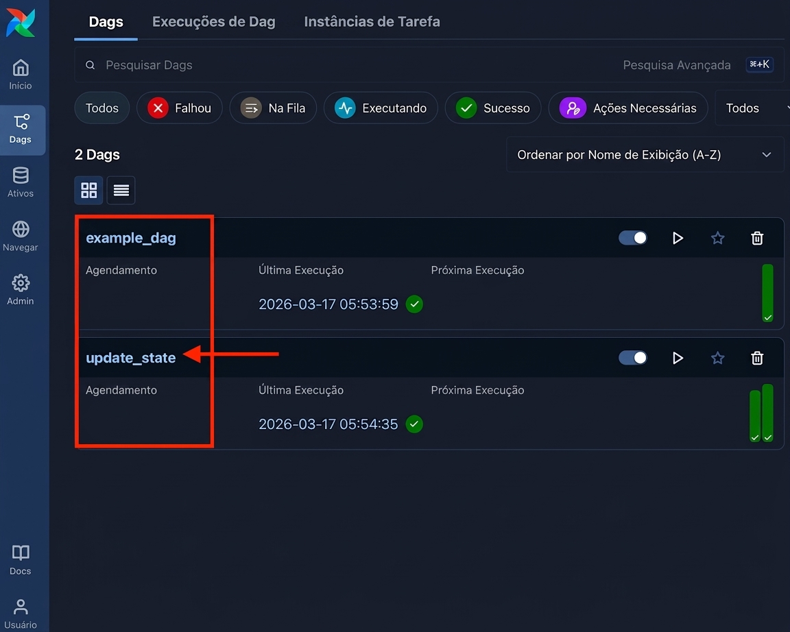 Visualização de DAGs do Airflow com o link do DAG update_state destacado