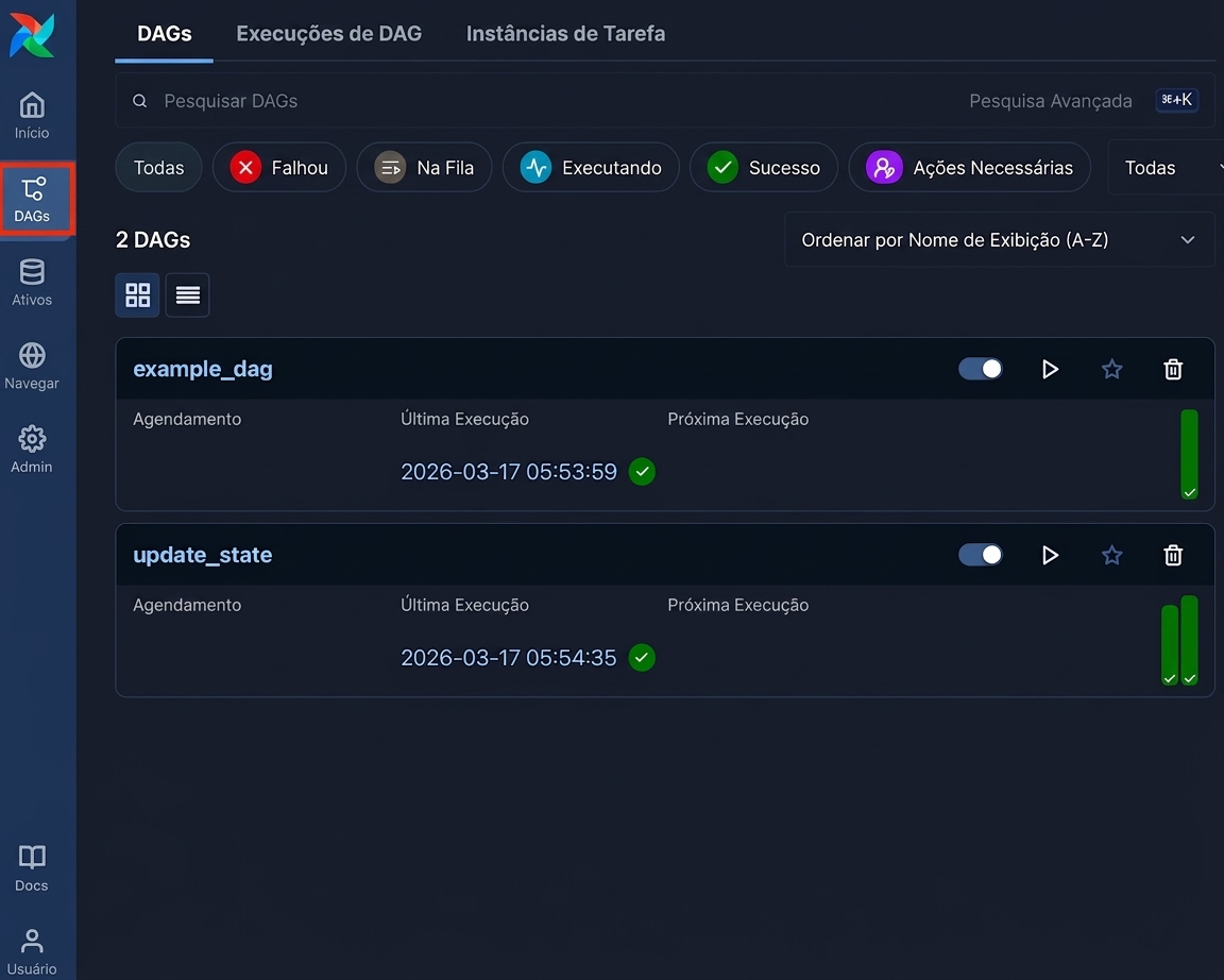 Página de DAGs listando todos os DAGs disponíveis