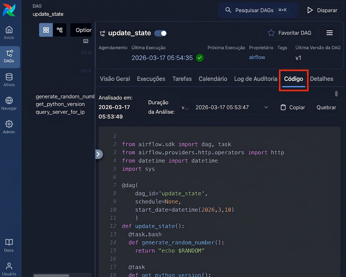 Vista de código do DAG mostrando o Python somente leitura que define o DAG
