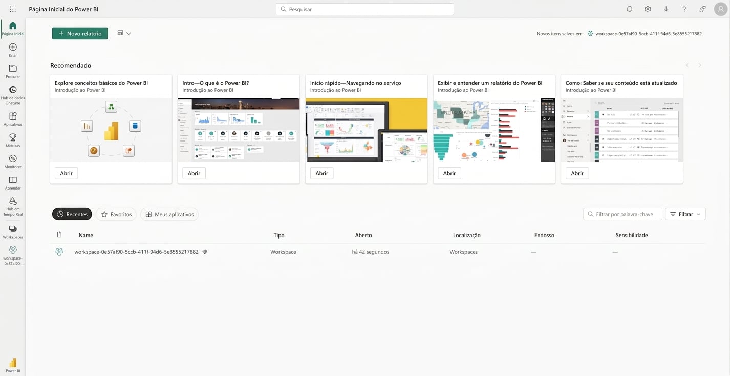 Página inicial quando o usuário entra no Serviço do Power BI