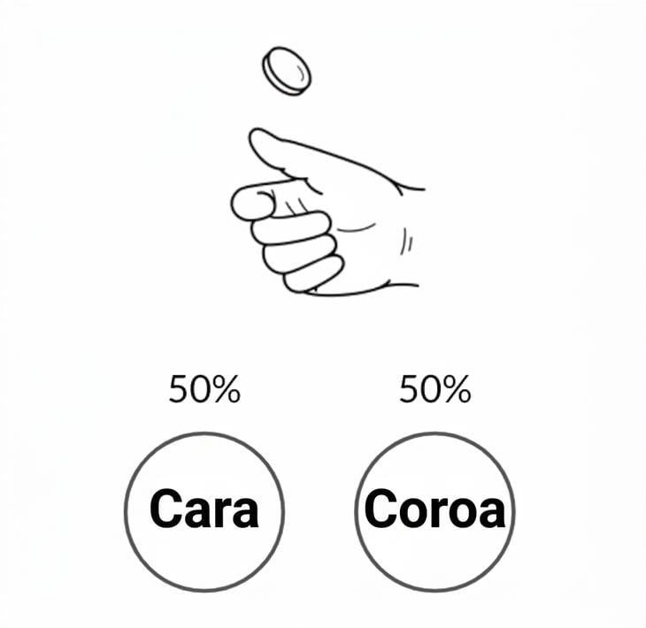 Mão jogando moeda com um lado cara com 50% de chance, outro lado coroa com 50% de chance.png