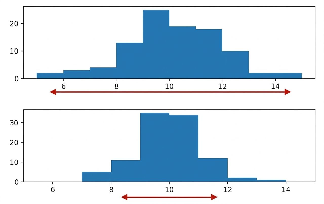 Dois histogramas: um estreito, com dados que abrangem apenas alguns valores, e outro mais amplo, com dados que abrangem mais valores