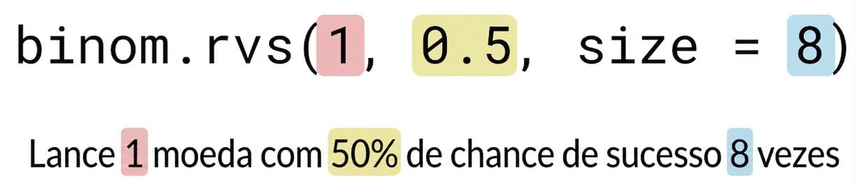 binom.rvs(1, 0.5, 8) com 1 em vermelho, 0.5 em amarelo e 8 em azul. Texto: Lance 1 (em vermelho) moeda com 50% (em amarelo) de chance de sucesso 8 (em azul) vezes