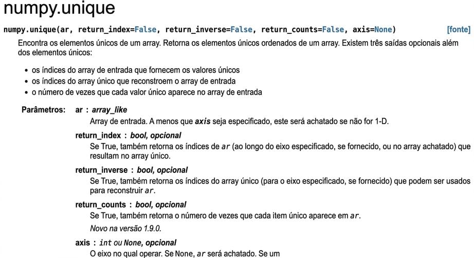 Uma captura da documentação do numpy.org para np.unique()