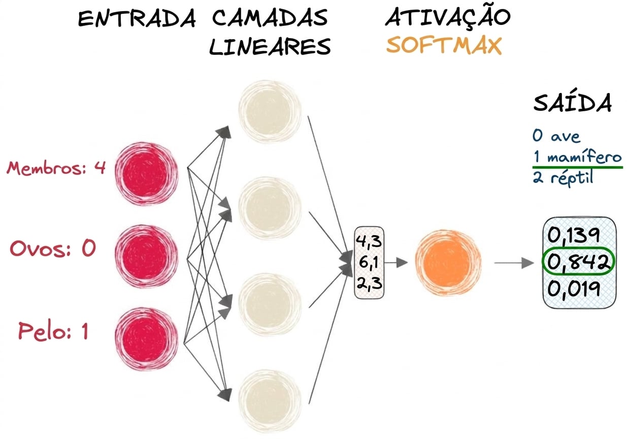 Diagrama de parte de uma rede neural com entradas, um vetor como saída para as camadas lineares, uma função de ativação softmax e uma saída