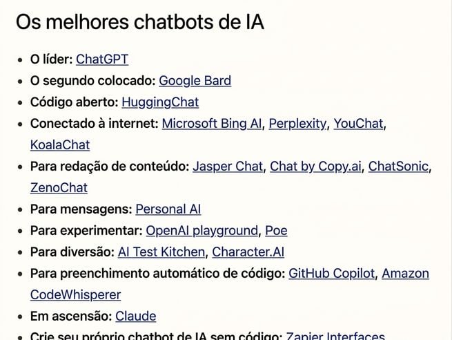 Artigo que lista os melhores LLMs de IA de 2023