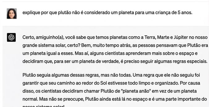Exemplo de uma conversa que explica para uma criança de 5 anos por que Plutão não faz parte do sistema solar.