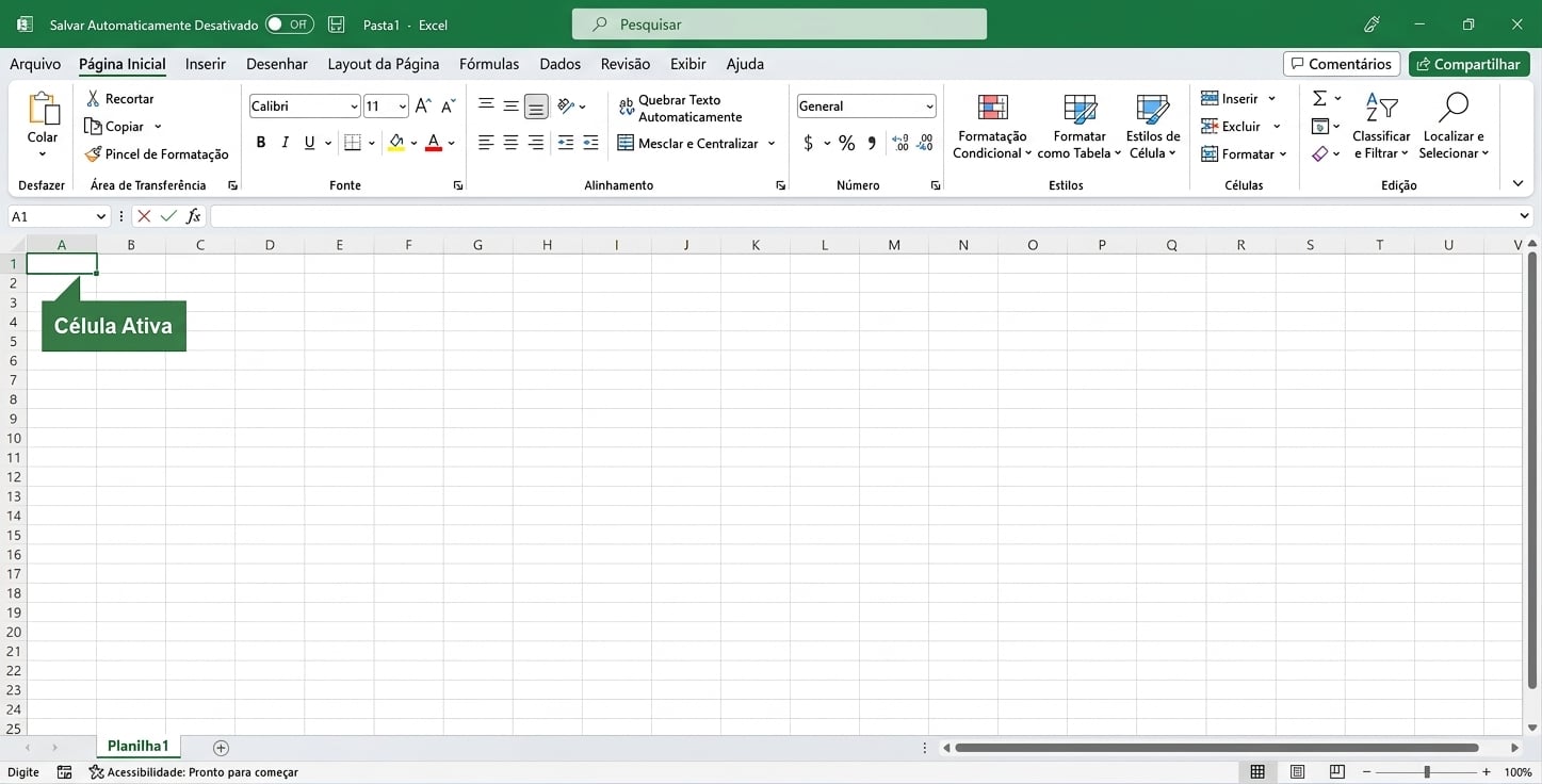 Arquivo do Excel destacando a célula ativa