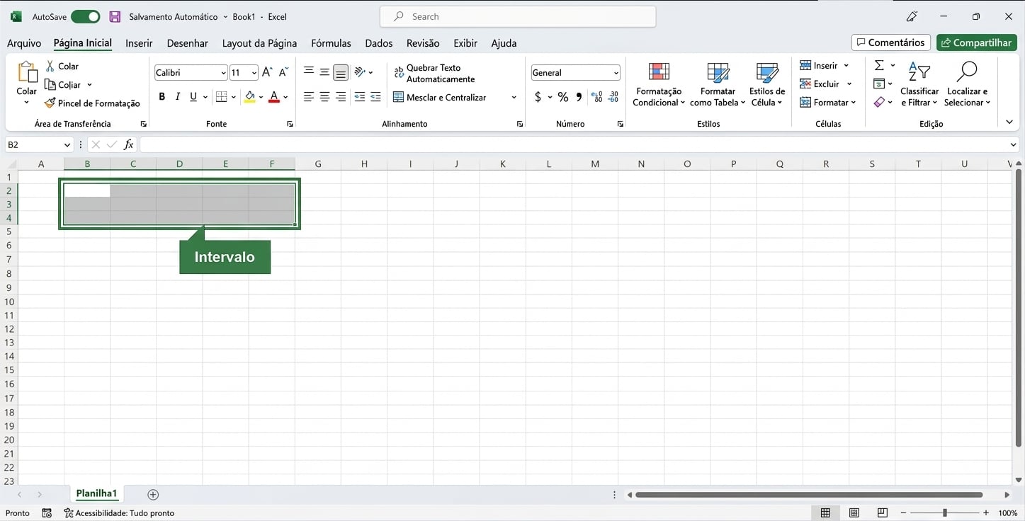 Arquivo do Excel destacando uma seleção de intervalo