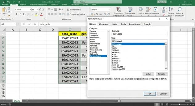Captura dos resultados de teste, com a coluna test_date selecionada e o formato mudando para um personalizado