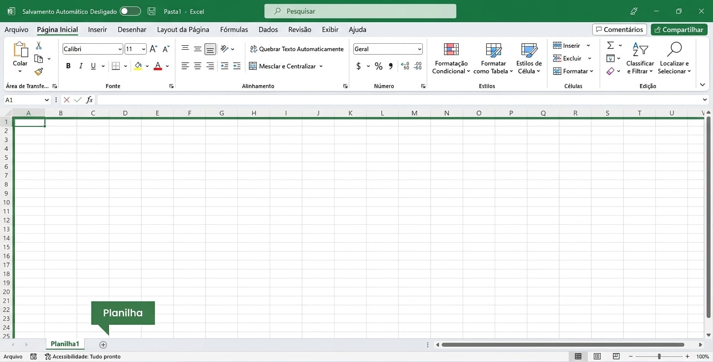 Arquivo do Excel destacando a área da planilha