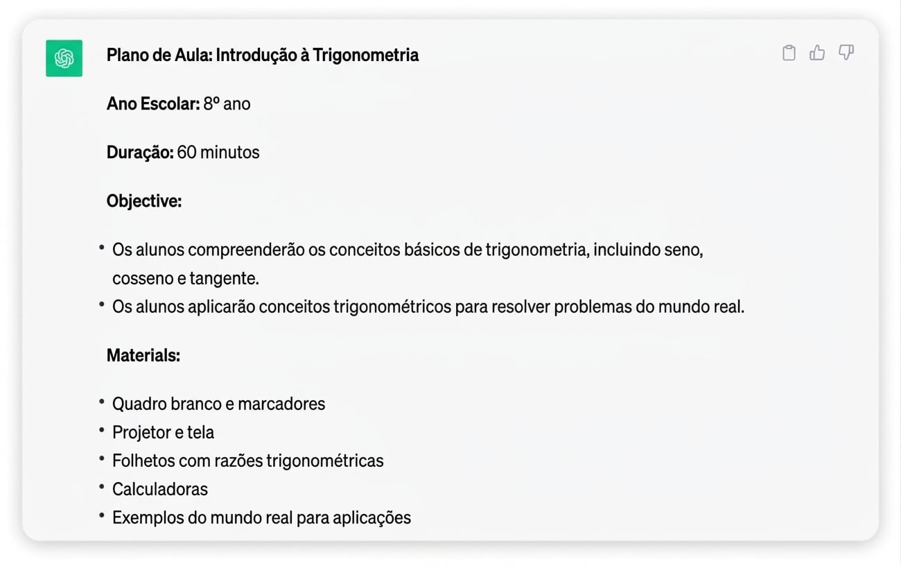 Uma captura de tela de um plano de aula detalhado gerado pelo ChatGPT