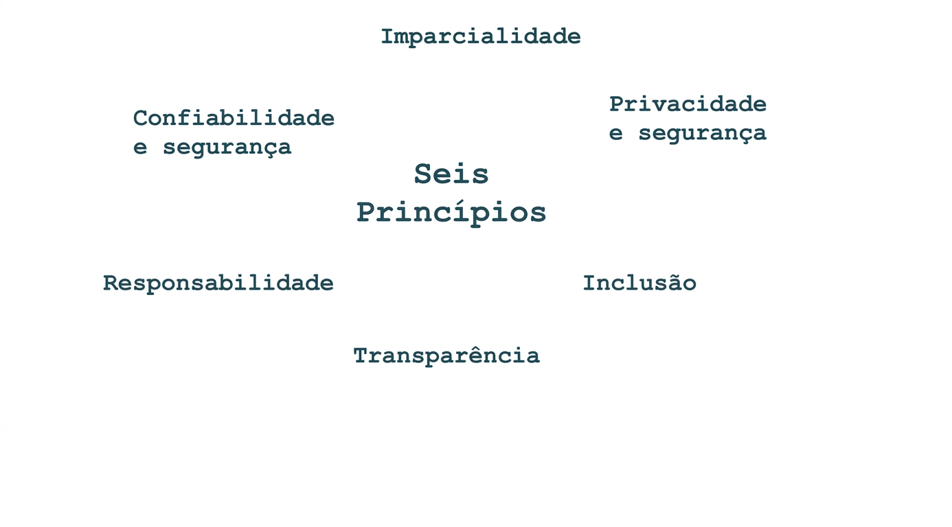 Um texto que diz “seis princípios”, cercado pelos termos que indicam esses princípios: justiça, privacidade e segurança, confiabilidade e proteção, responsabilidade, inclusão e transparência.