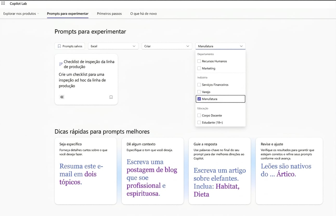 Uma série de prompts sugeridos do Copilot Lab, com um filtro suspenso.