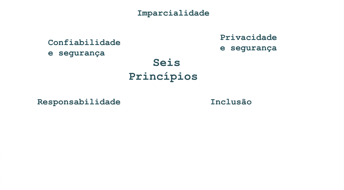 Um texto que diz “seis princípios”, com os termos que mostram esses princípios: justiça, privacidade e segurança, confiabilidade e segurança, responsabilidade, inclusão.