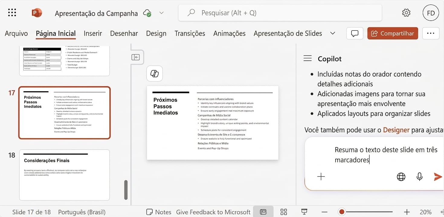 Uma captura de tela de um slide do PowerPoint com o chat do Copilot aberto ao lado e um usuário pedindo para resumir o texto do slide.