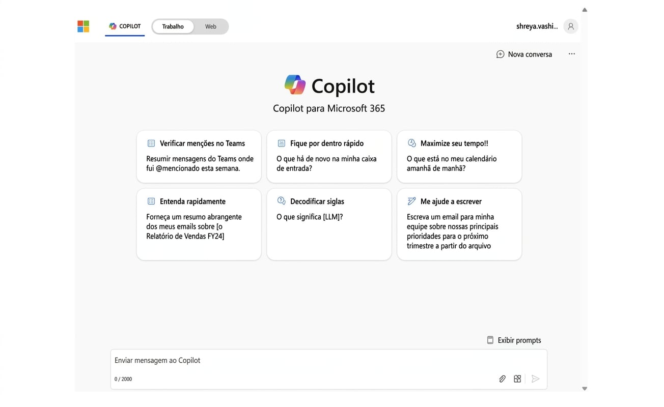 A página inicial do Copilot para Microsoft 365.