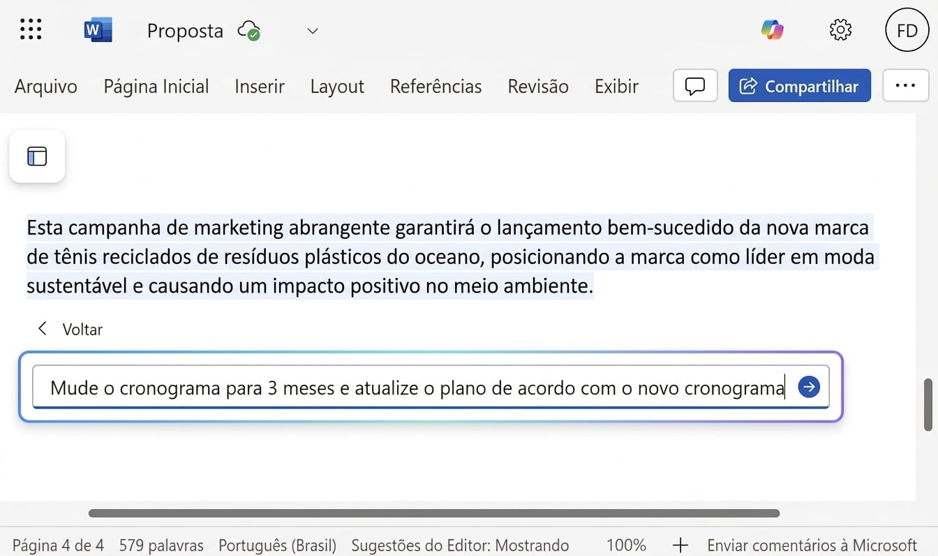 Um chat aberto do Copilot com o usuário pedindo para mudar o cronograma.