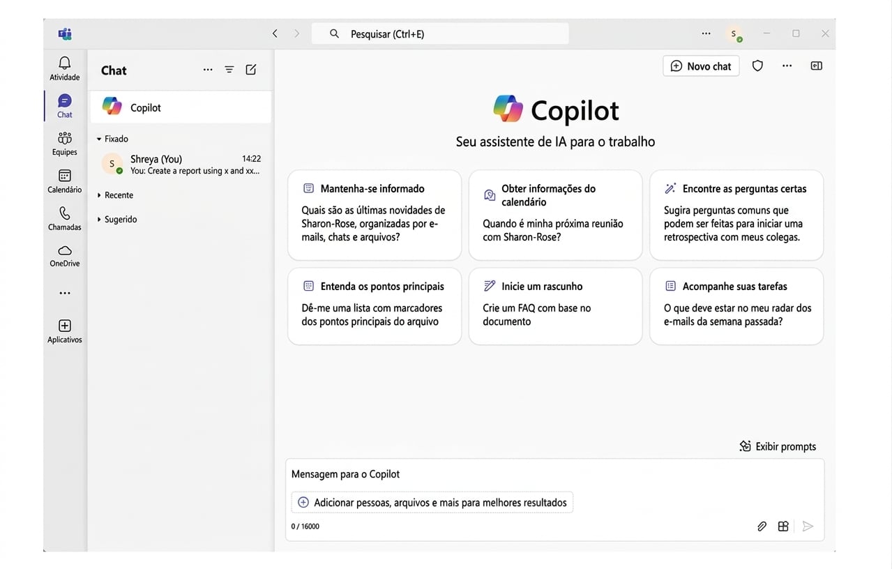 Uma captura de tela do Microsoft Teams com o chat do Copilot aberto e o ícone do Copilot no canto superior esquerdo circulado em vermelho.