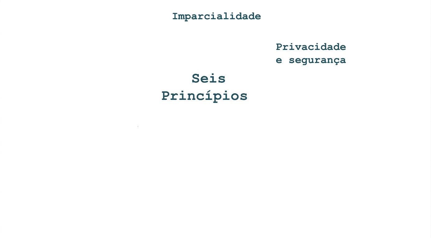Um texto que diz “seis princípios”, com os termos que mostram esses princípios: justiça, privacidade e segurança.