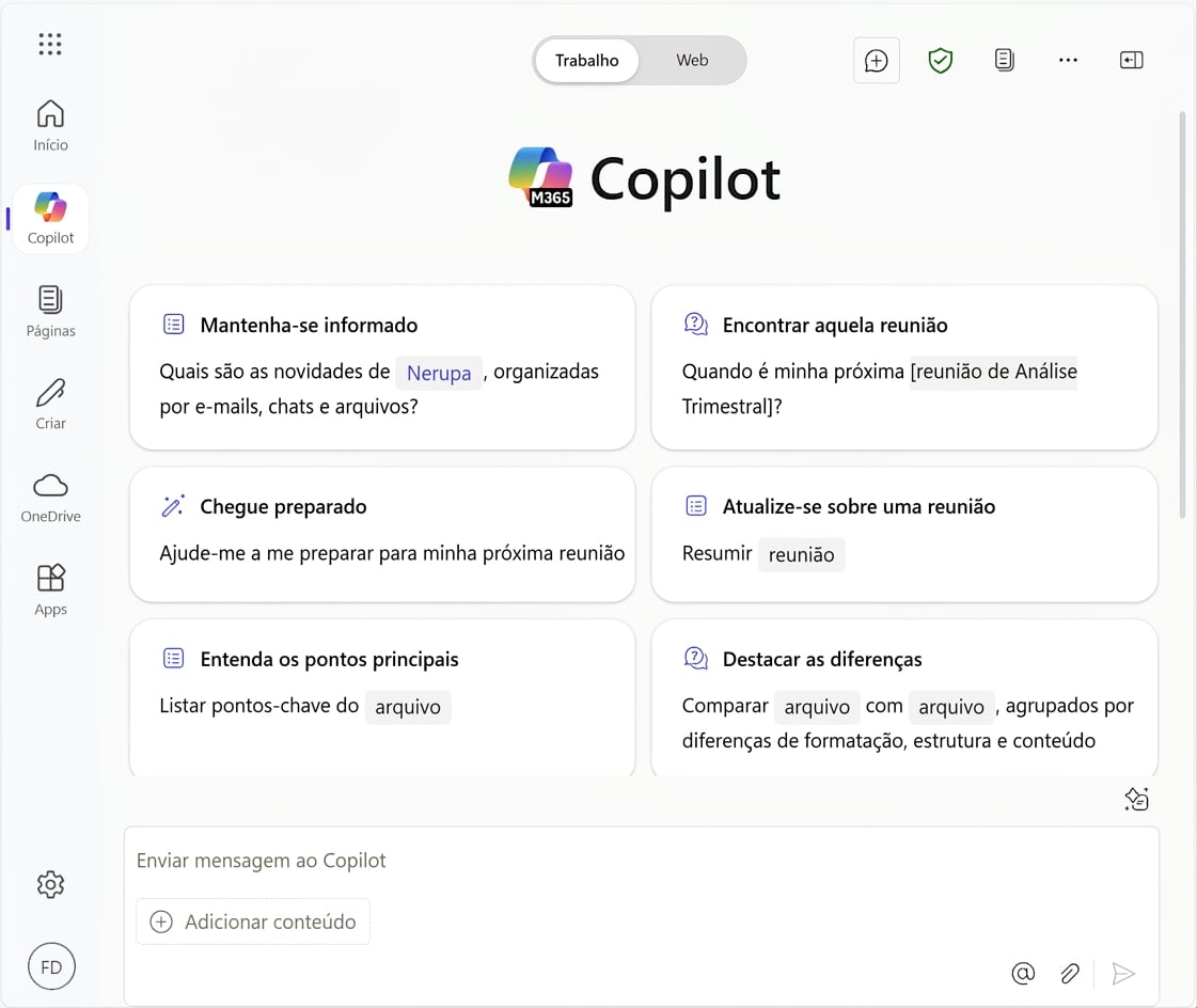 Página inicial do Copilot for Work