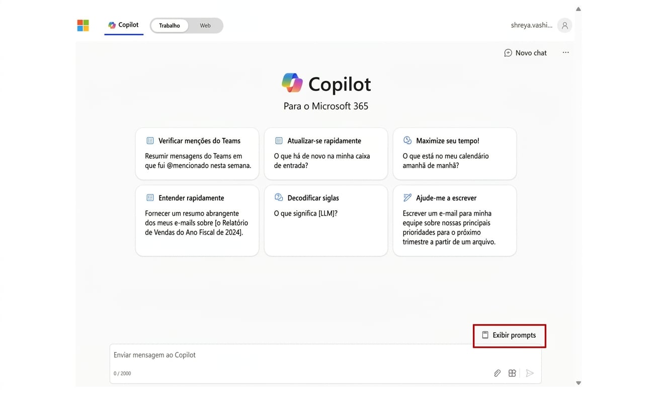 A página inicial do Copilot para Microsoft 365 com uma opção para ver prompts.