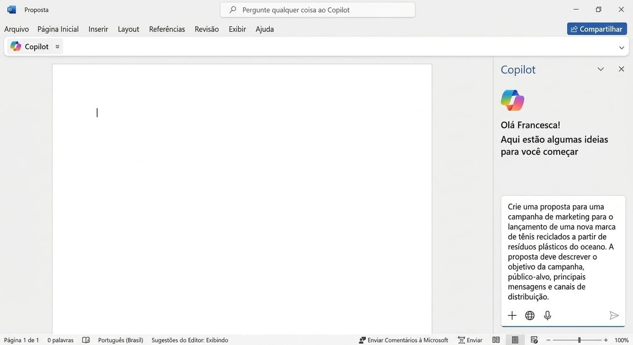 Um chat aberto no Copilot com a solicitação para “criar uma proposta de projeto para uma nova campanha de marketing”.
