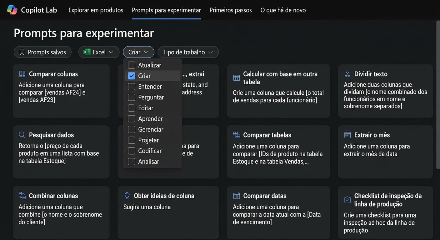 Uma série de prompts sugeridos do Copilot Lab, com vários filtros suspensos.