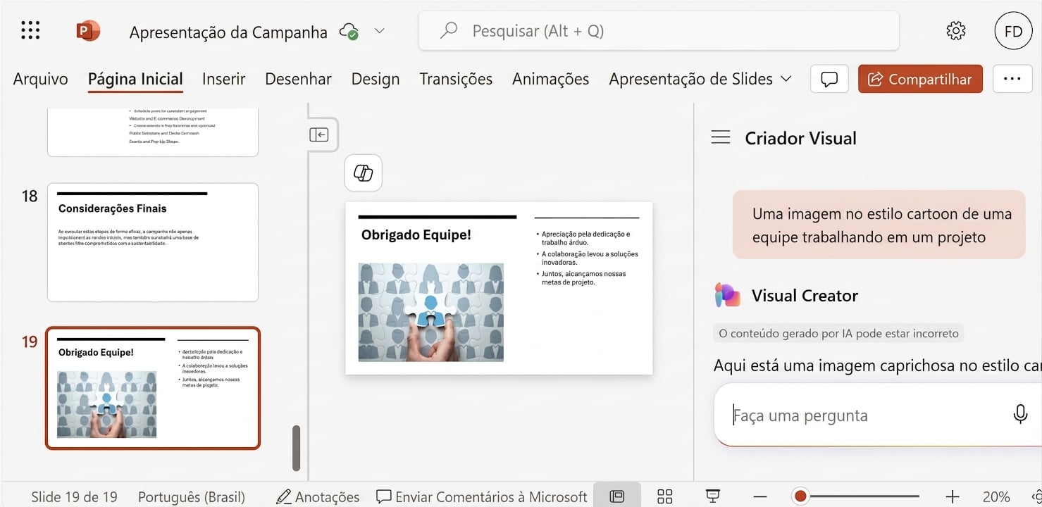 Uma captura de tela de um slide do PowerPoint com o chat do Copilot aberto, mostrando a conversa com um usuário pedindo para organizar os slides.