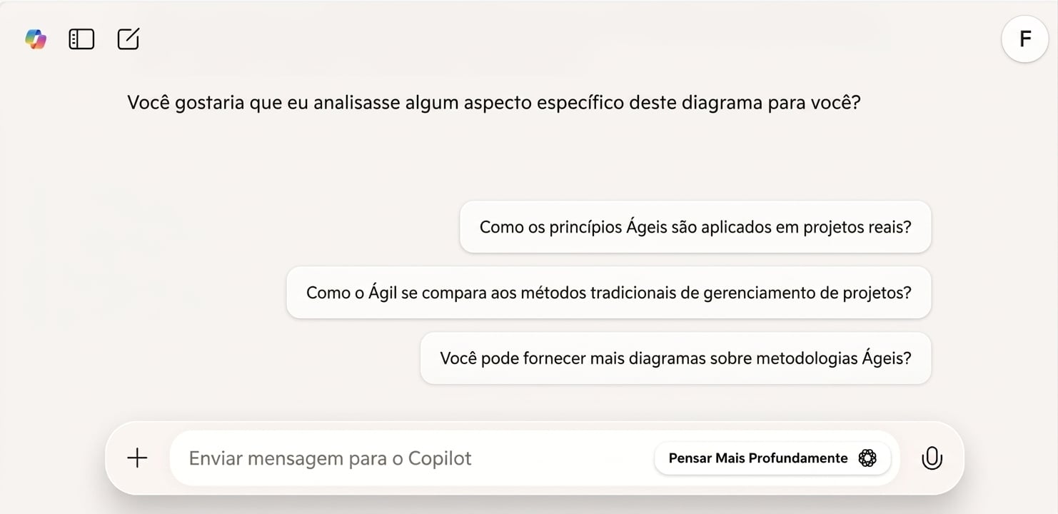 Resposta do Copilot com sugestões de perguntas complementares