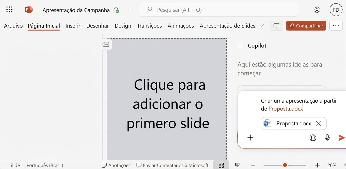 Uma captura de tela de um documento em branco do PowerPoint com o chat do Copilot aberto ao lado.