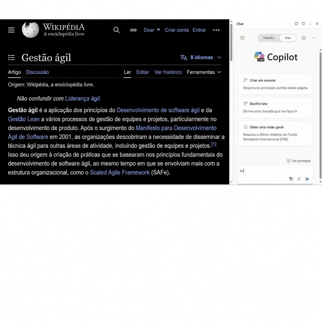 Copilot resumindo uma página da web