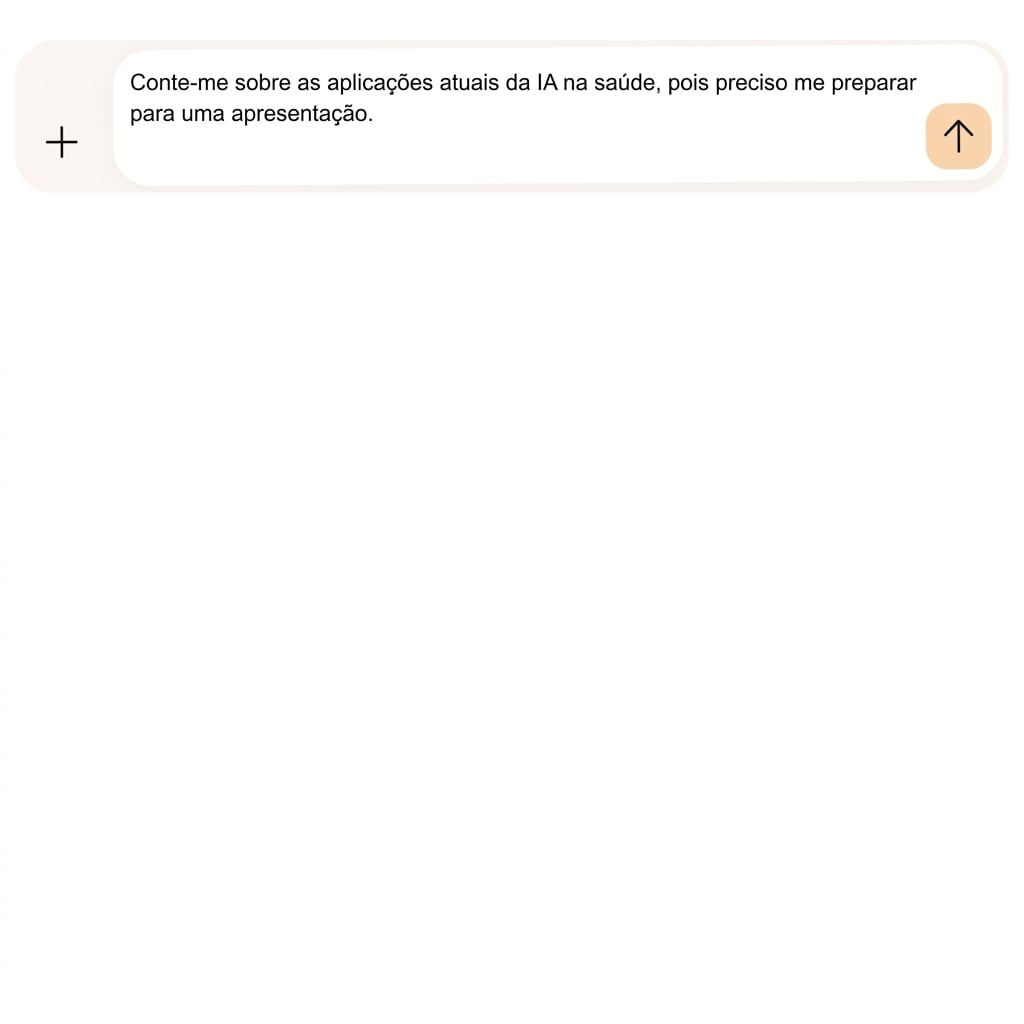 O texto diz: "Fale sobre as aplicações atuais da IA na área da saúde, com foco no diagnóstico de pacientes e tratamentos baseados em IA.