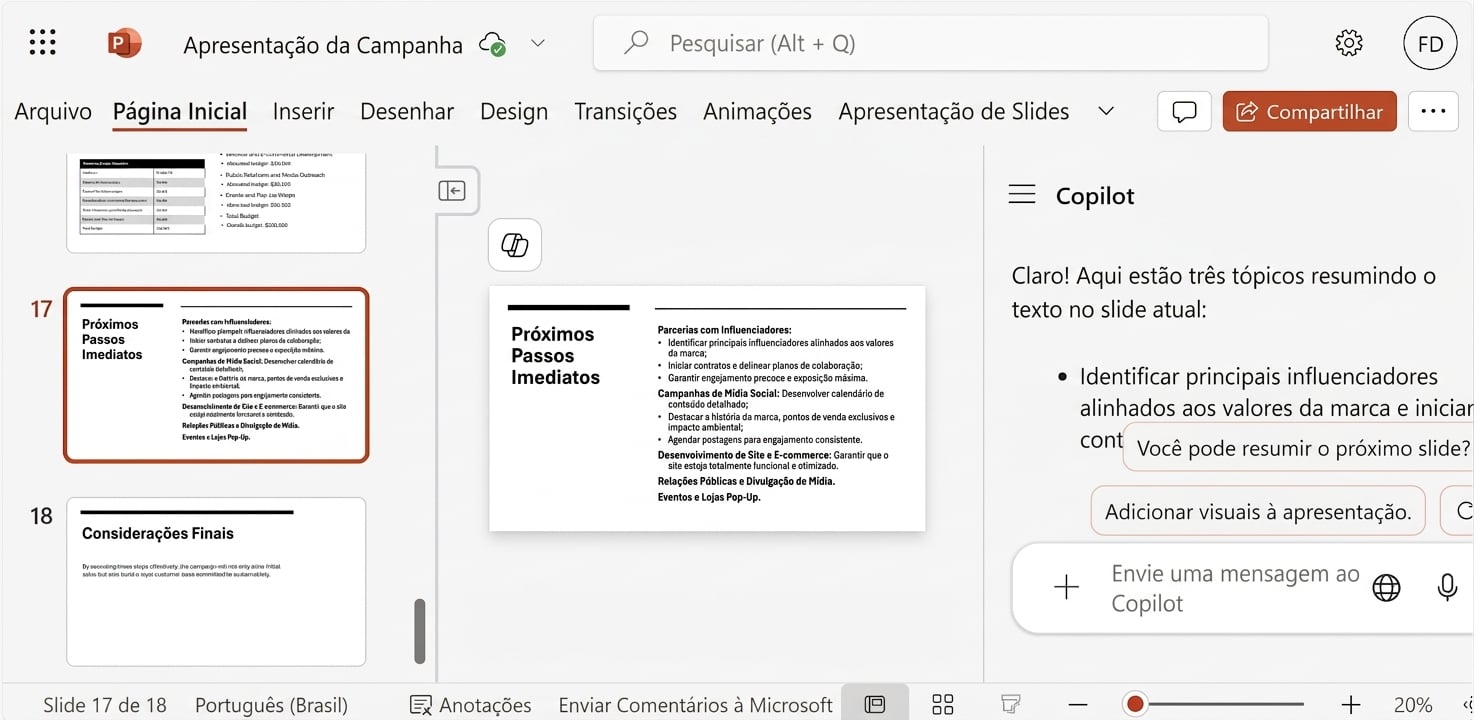 Uma captura de tela de um slide do PowerPoint com o chat do Copilot aberto, mostrando a conversa com um usuário.