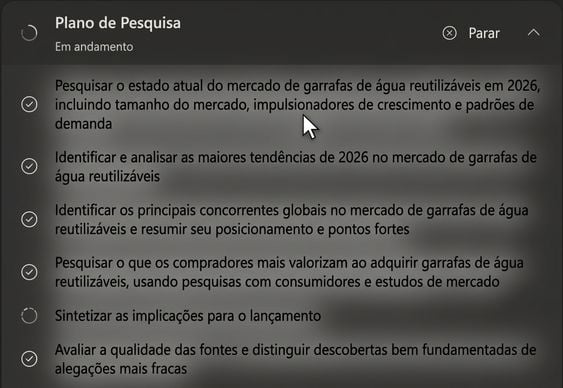 O agente Researcher executando seu plano de pesquisa transparente em várias etapas