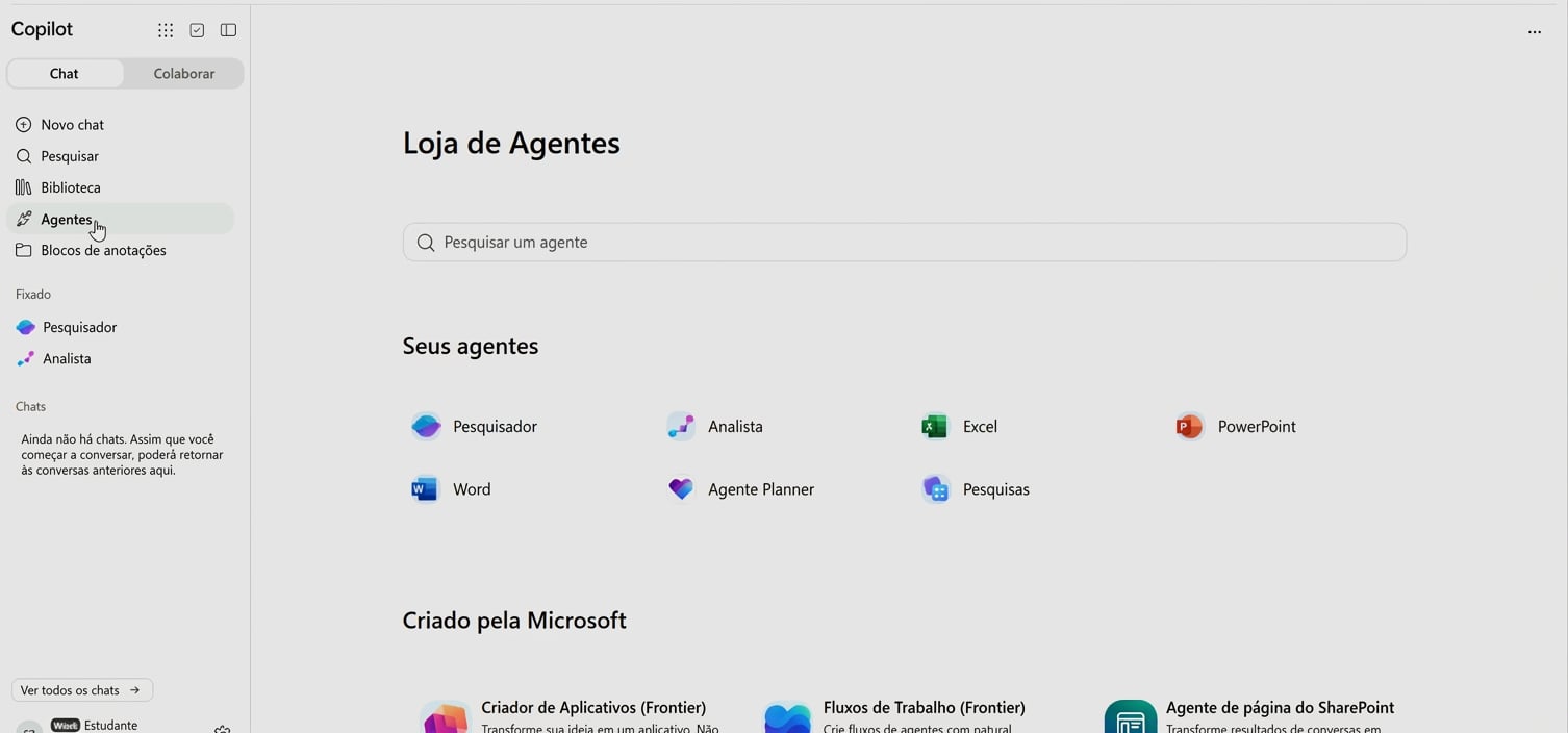 A Agent Store no Copilot, mostrando Researcher e Analyst entre os agentes nativos