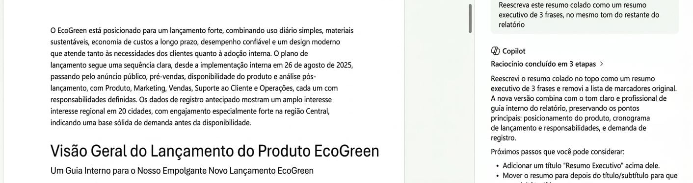 Word transformando o resumo cruzado colado em um resumo executivo de três frases no topo do relatório EcoGreen