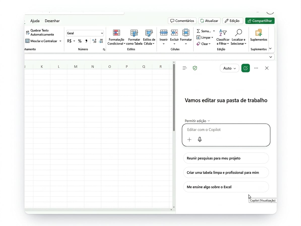 Copilot aberto no Excel para a Web, interface atual