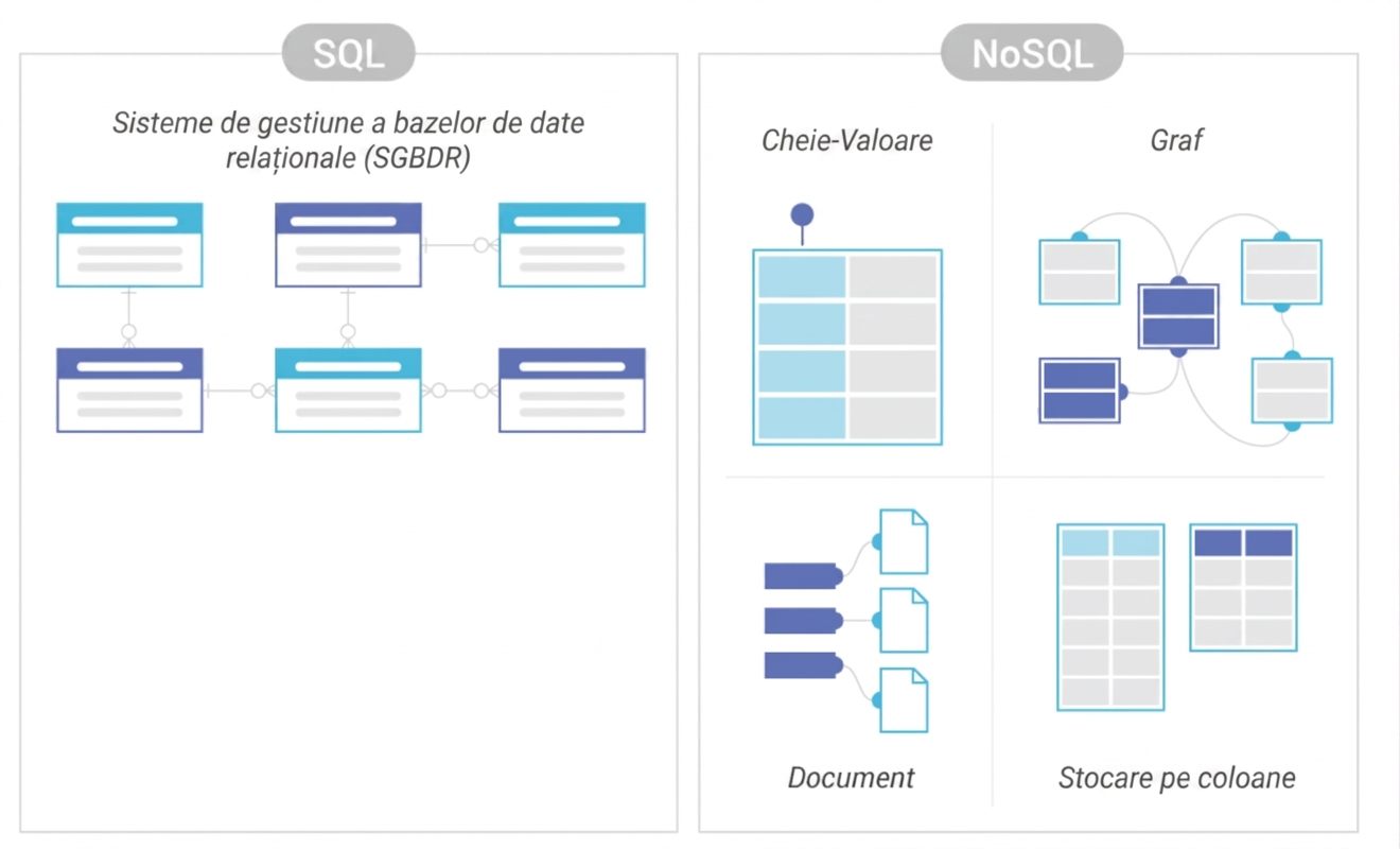 Diagramă comparând stocarea în SGBD SQL și NoSQL.