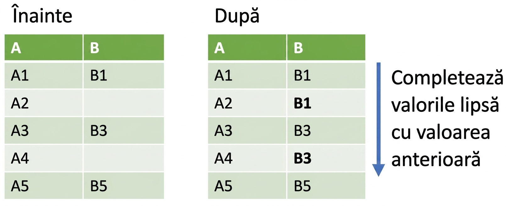 Imagine înainte și după completarea înainte. Valorile lipsă dintr-o coloană sunt înlocuite cu valorile anterioare din aceeași coloană.