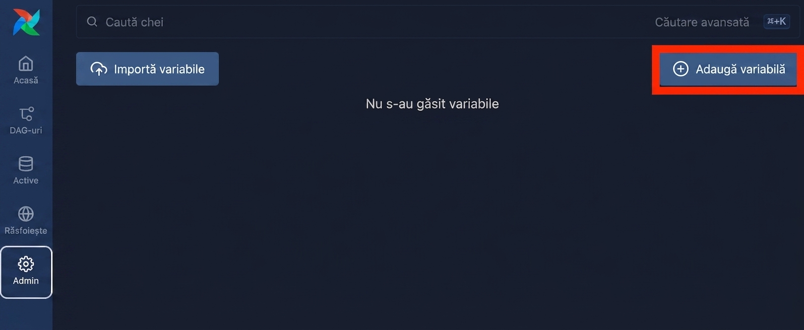 Pagina Variabile Airflow cu butonul Adăugare variabilă evidențiat