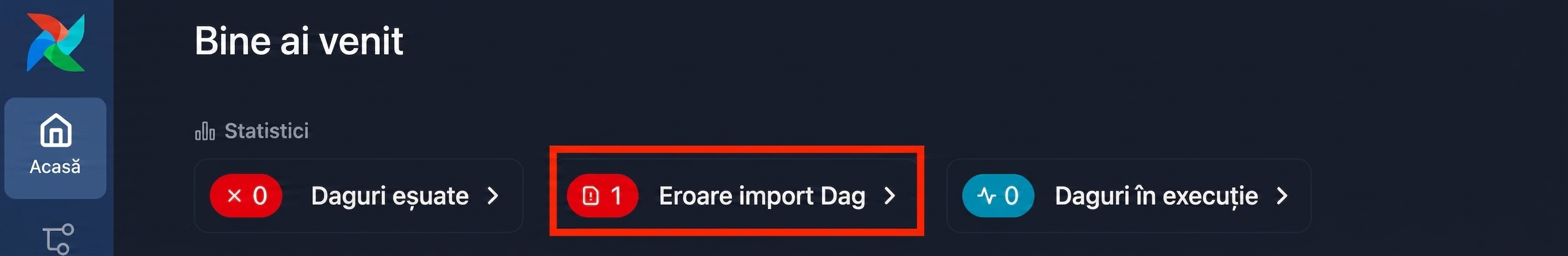 Pagina de start Airflow cu o alertă de eroare la importul Dag-ului
