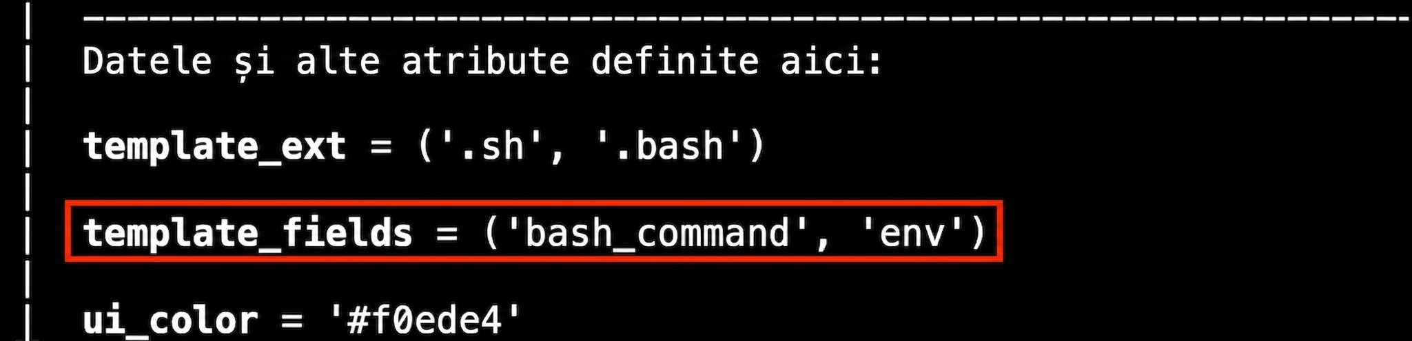 Ieșire terminal evidențiind linia template_fields în help Airflow